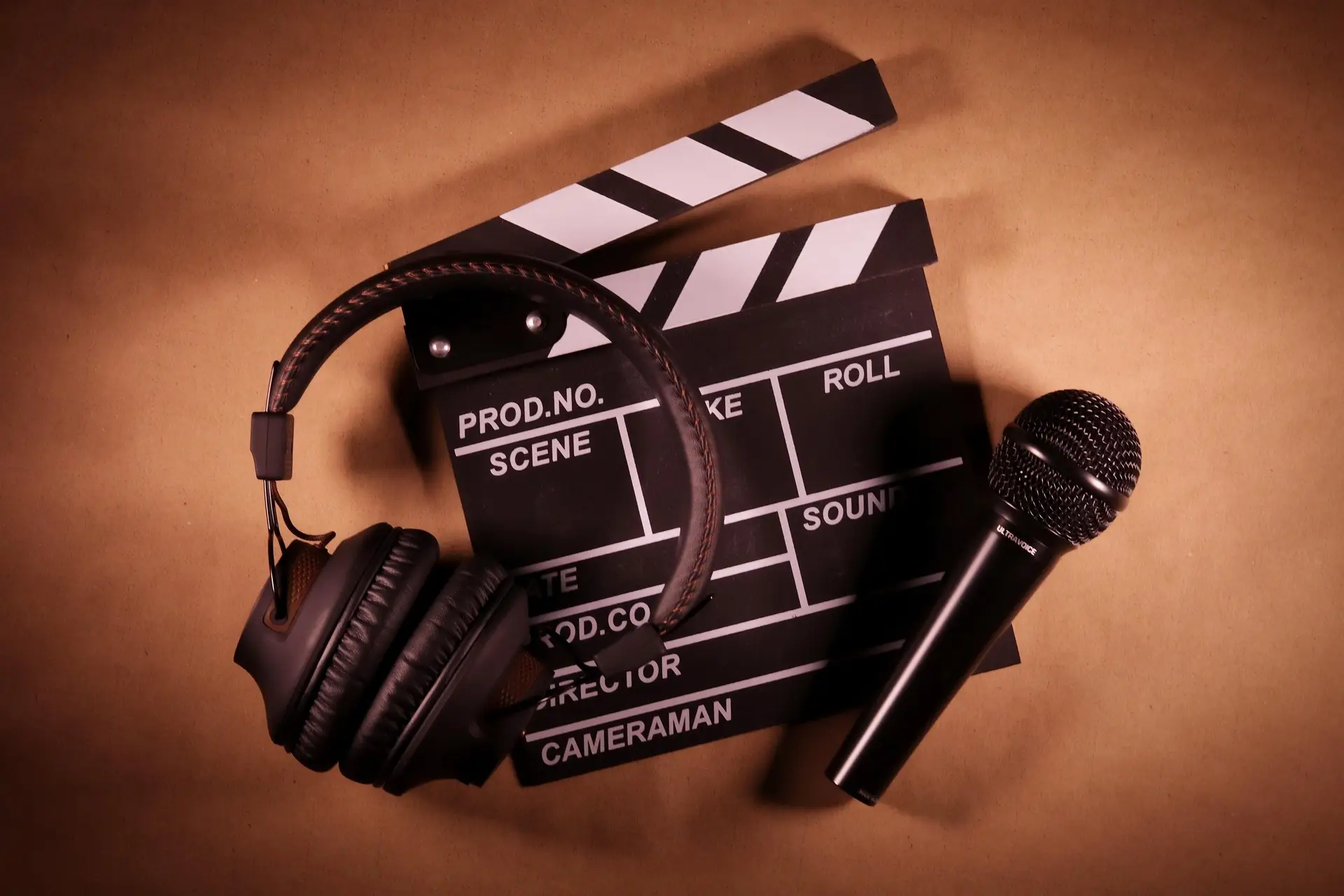 Microphone, clapper board and headphones